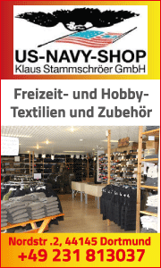 Banner des US-Navy-Shop Stammschröer GmbH mit Kontaktdaten und Informationen zu Bundeswehr Bekleidung in Hamm.