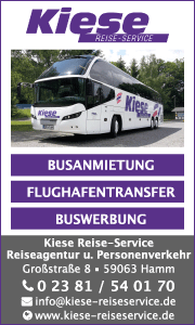 Banner von Kiese Reiseservice in Hamm mit Kontaktdaten, Busvermietung, Gruppenreisen und weiteren Serviceleistungen.